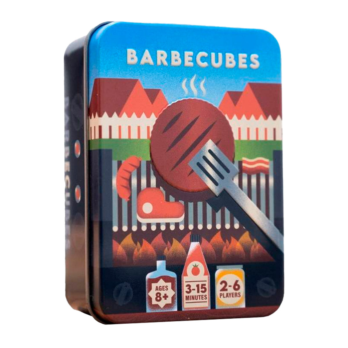 Caja del juego Barbecubes estilo gráfico con ilustración de barbacoa y reglas para niños