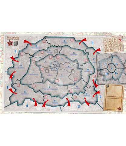 Mapa detallado Berlín 1945 zonas numeradas flechas rojas movimiento táctico juego de mesa