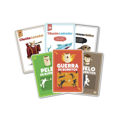 Cartas ilustradas Throw Throw Burrito con personajes animados y bordes redondeados