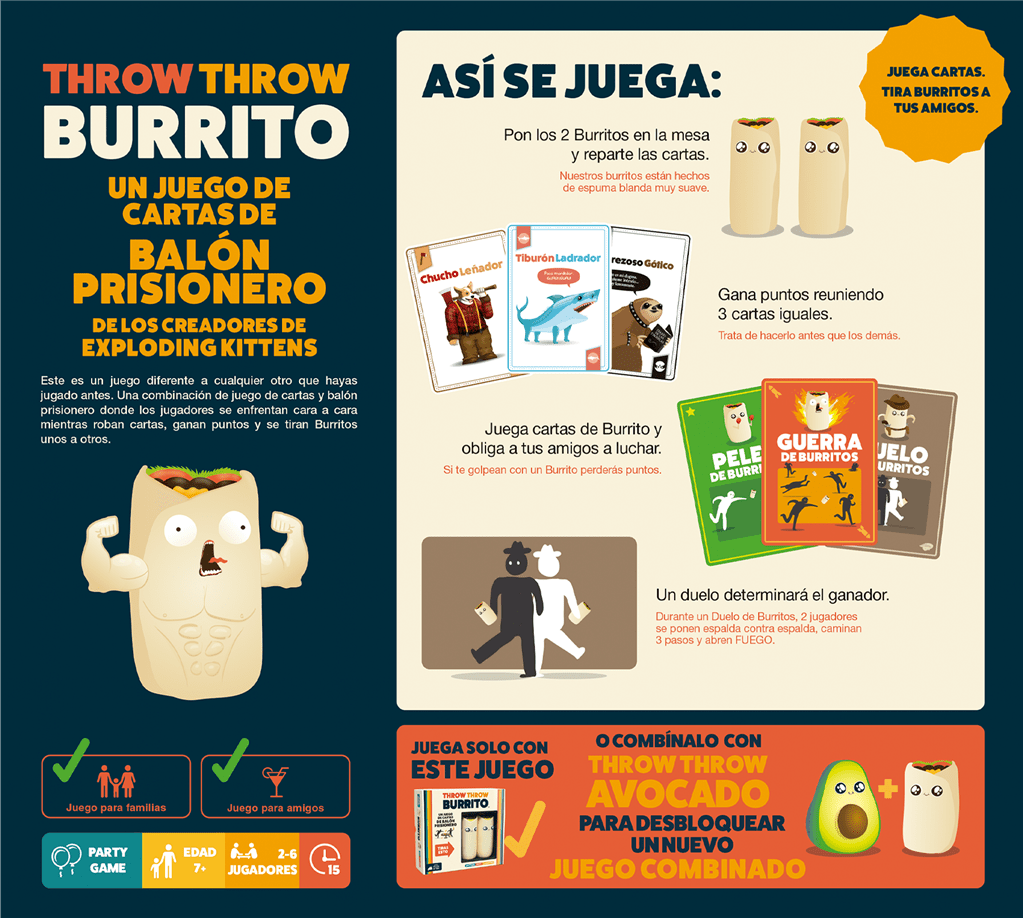 Reglas del juego Throw Throw Burrito con burritos de espuma y cartas para partidas familiares