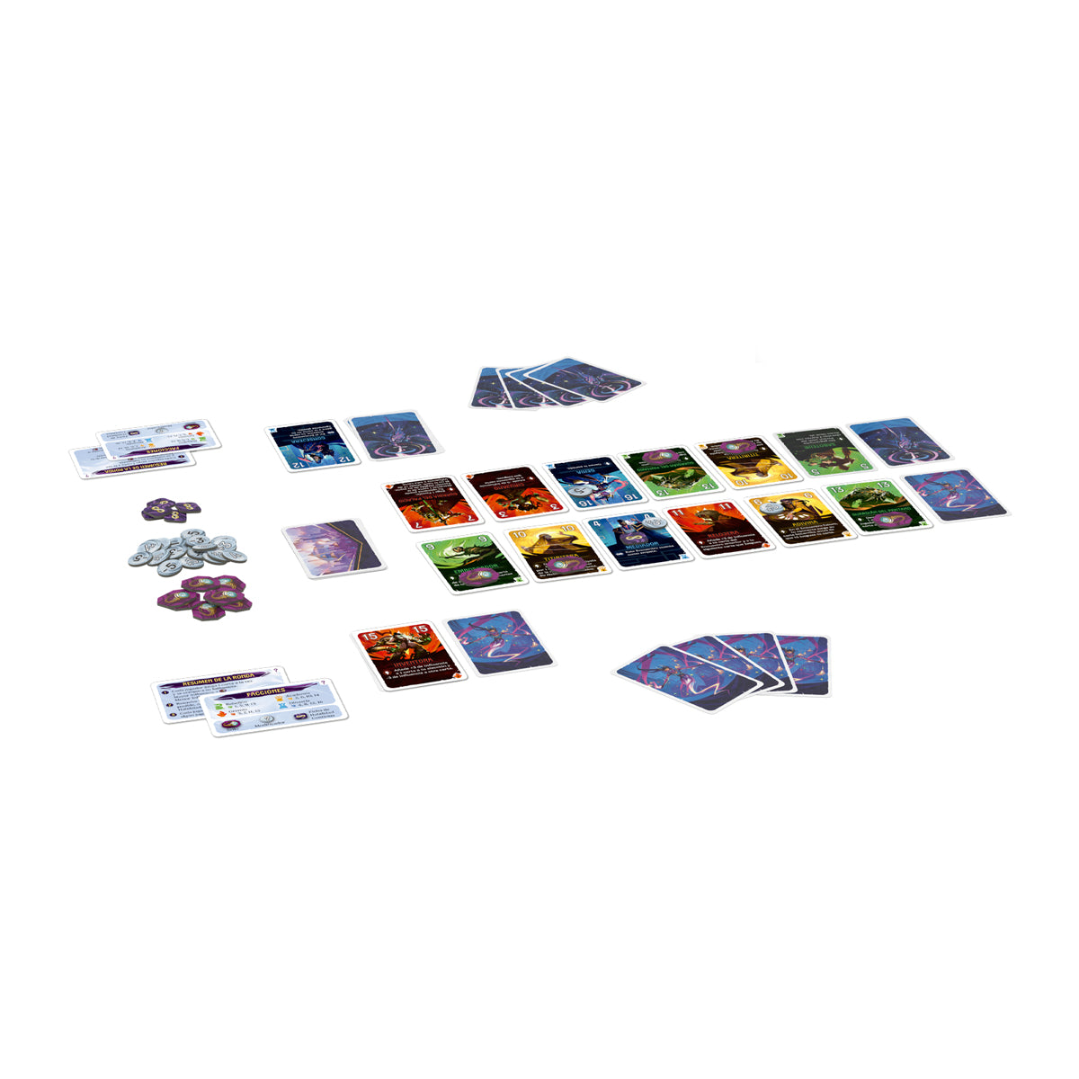 Juego de cartas Duelo por Cardia para 2 jugadores con fichas y reglas sobre fondo blanco