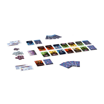 Juego de cartas Duelo por Cardia para 2 jugadores con fichas y reglas sobre fondo blanco