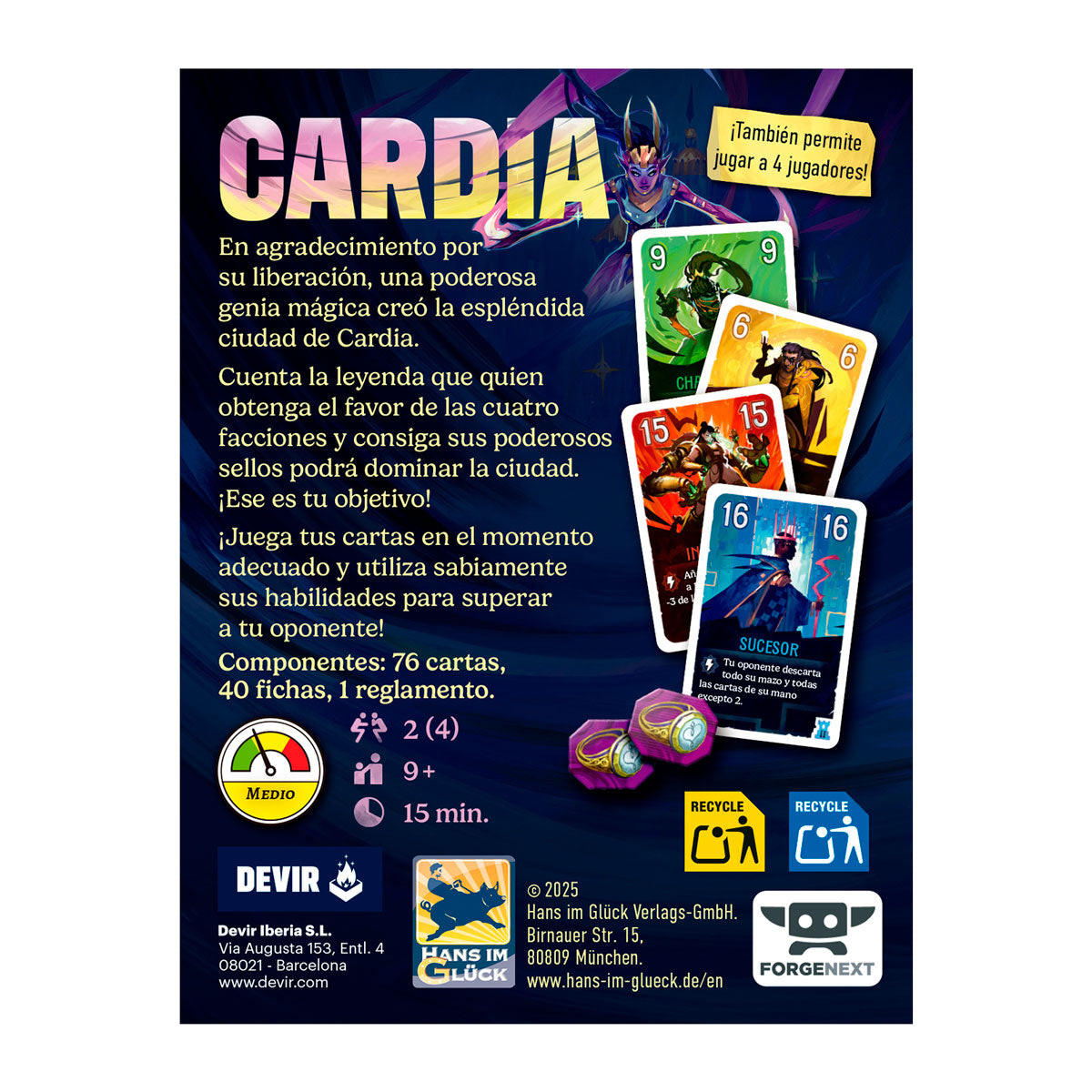 Cartel promocional juego de cartas Duelo por Cardia para 2-4 jugadores con ilustración de personaje