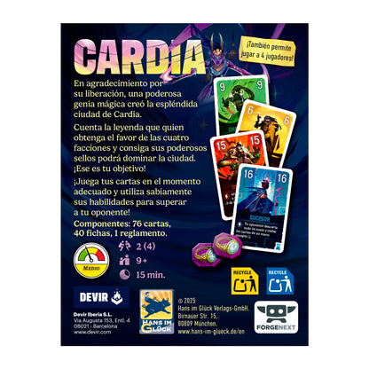 Cartel promocional juego de cartas Duelo por Cardia para 2-4 jugadores con ilustración de personaje