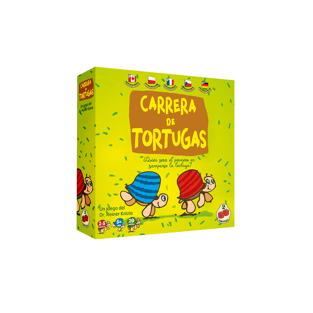 Caja del juego de mesa Carrera de Tortugas con ilustraciones de tortugas corriendo