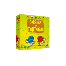 Caja del juego de mesa Carrera de Tortugas con ilustraciones de tortugas corriendo