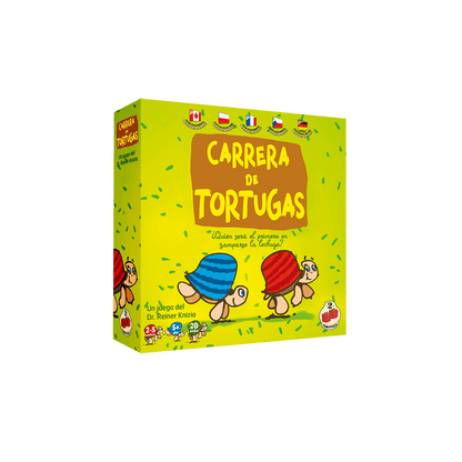 Caja del juego de mesa Carrera de Tortugas con ilustraciones de tortugas corriendo