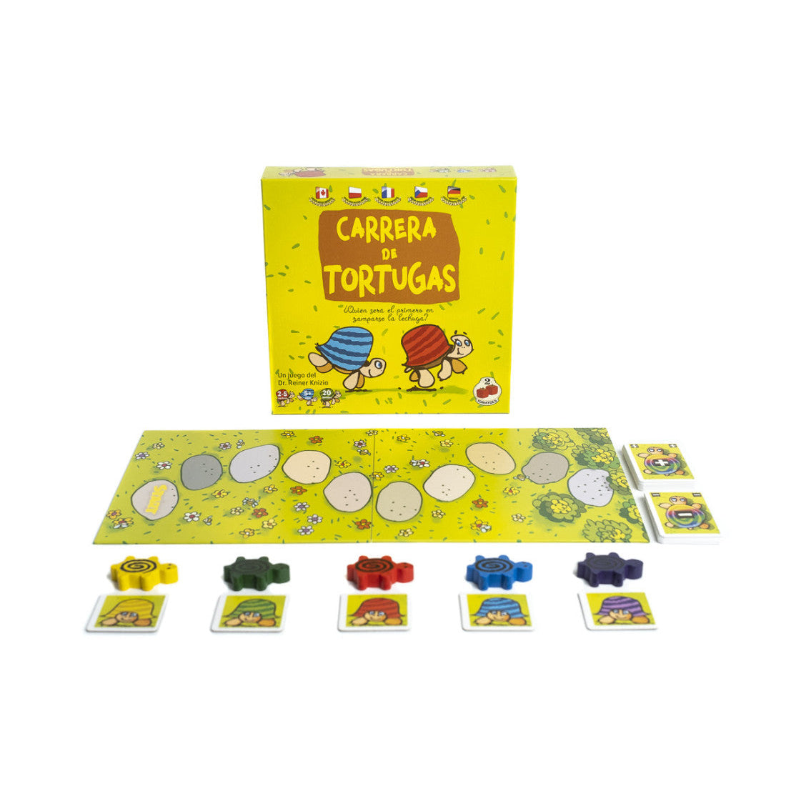 Contenido completo del juego de mesa Carrera de Tortugas con tablero y fichas alineadas