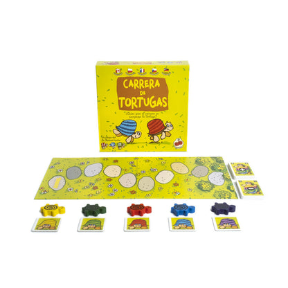 Contenido completo del juego de mesa Carrera de Tortugas con tablero y fichas alineadas