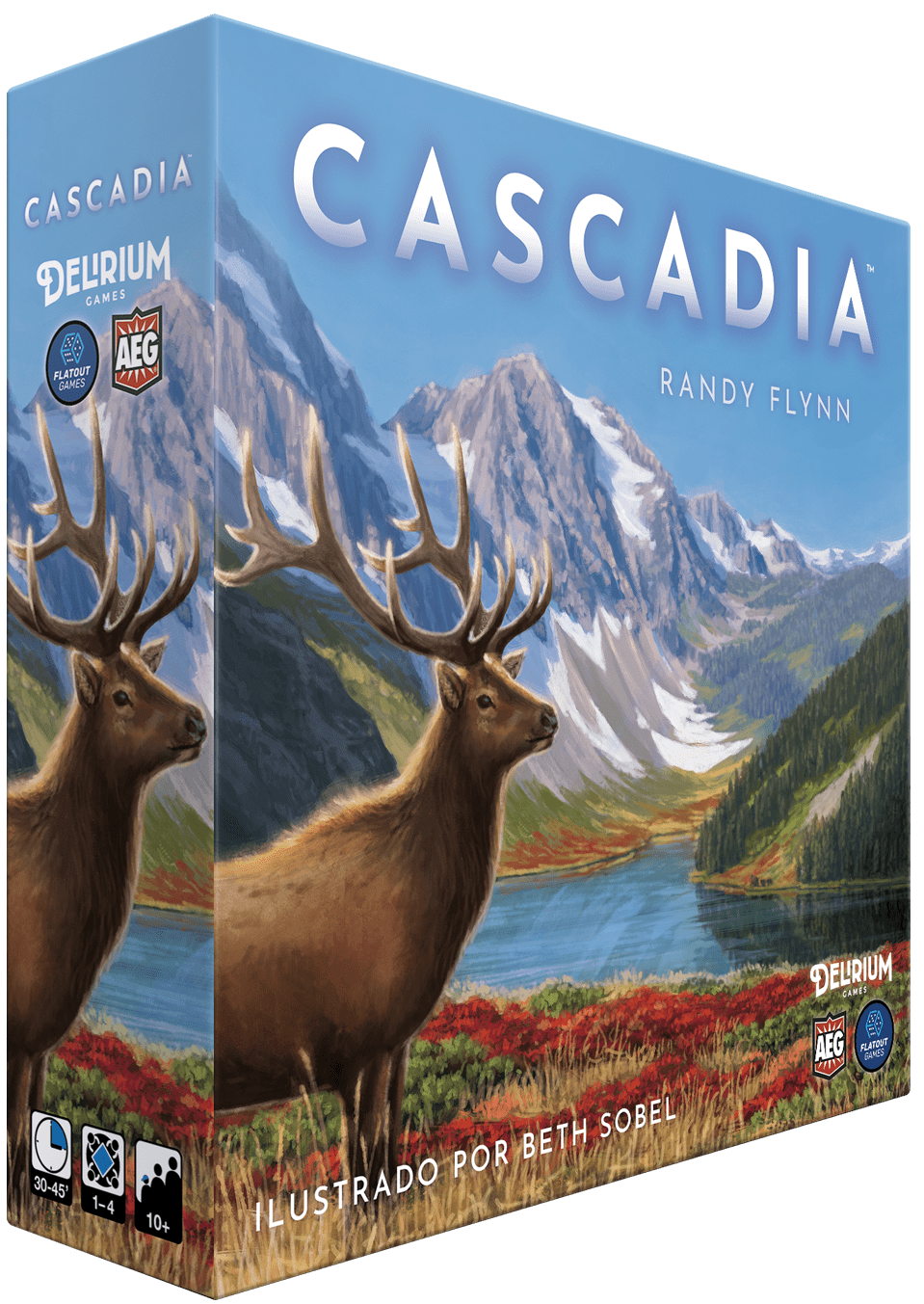 Caja juego de mesa Cascadia con ilustración de ciervo y paisaje del noroeste
