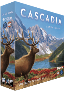 Caja juego de mesa Cascadia con ilustración de ciervo y paisaje del noroeste
