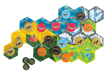 Tablero juego estrategia Cascadia piezas hexagonales hábitats y fichas fauna
