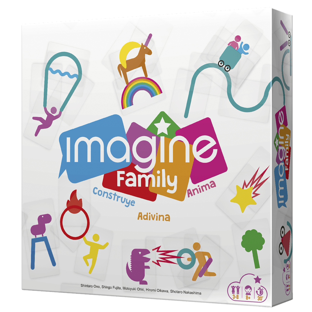 Caja del juego de mesa familiar Imagine Family con ilustraciones coloridas y símbolos de edad 8+