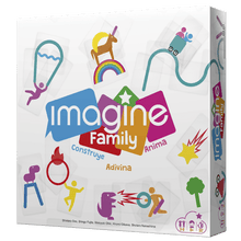 Caja del juego de mesa familiar Imagine Family con ilustraciones coloridas y símbolos de edad 8+