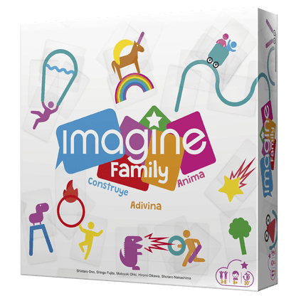 Caja del juego de mesa familiar Imagine Family con ilustraciones coloridas y símbolos de edad 8+