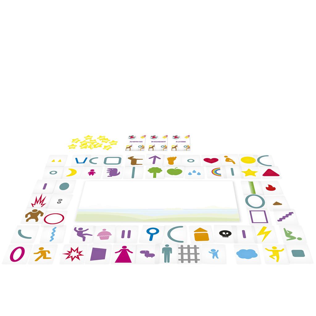 Vista superior de cartas rectangulares multicolores con iconos de animales, objetos y acciones para jugar