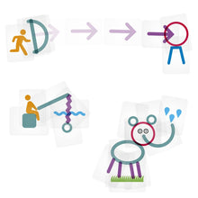 Ejemplo de superposición de cartas transparentes para crear personajes y escenas en el juego Imagine Family