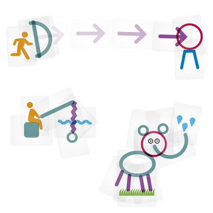 Ejemplo de superposición de cartas transparentes para crear personajes y escenas en el juego Imagine Family