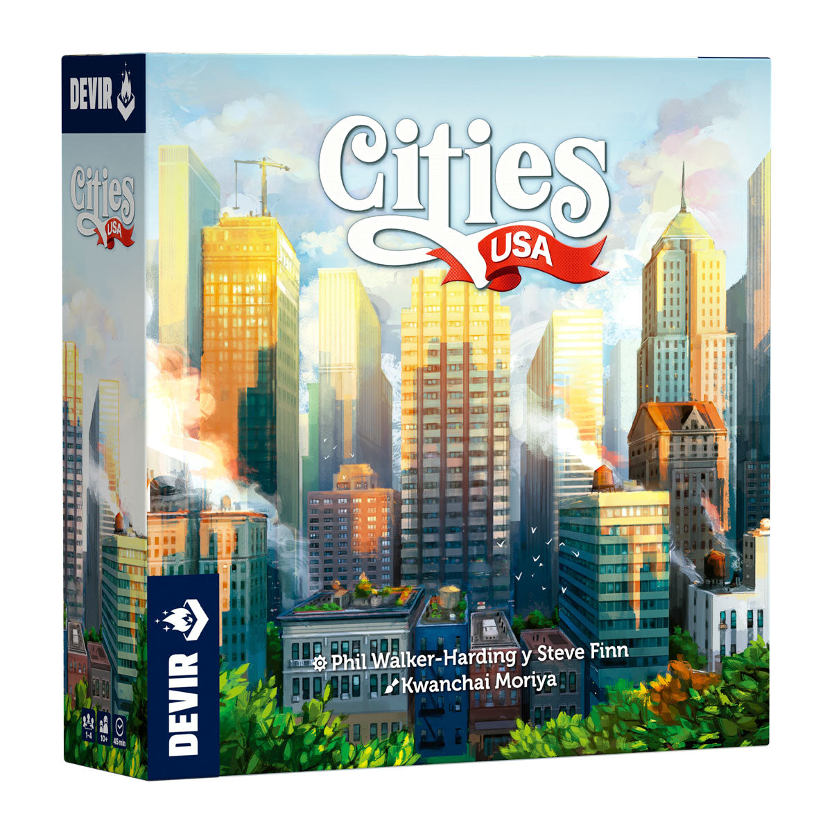 Caja del juego Cities USA de Devir con arte de ciudad estadounidense al atardecer