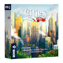 Caja del juego Cities USA de Devir con arte de ciudad estadounidense al atardecer