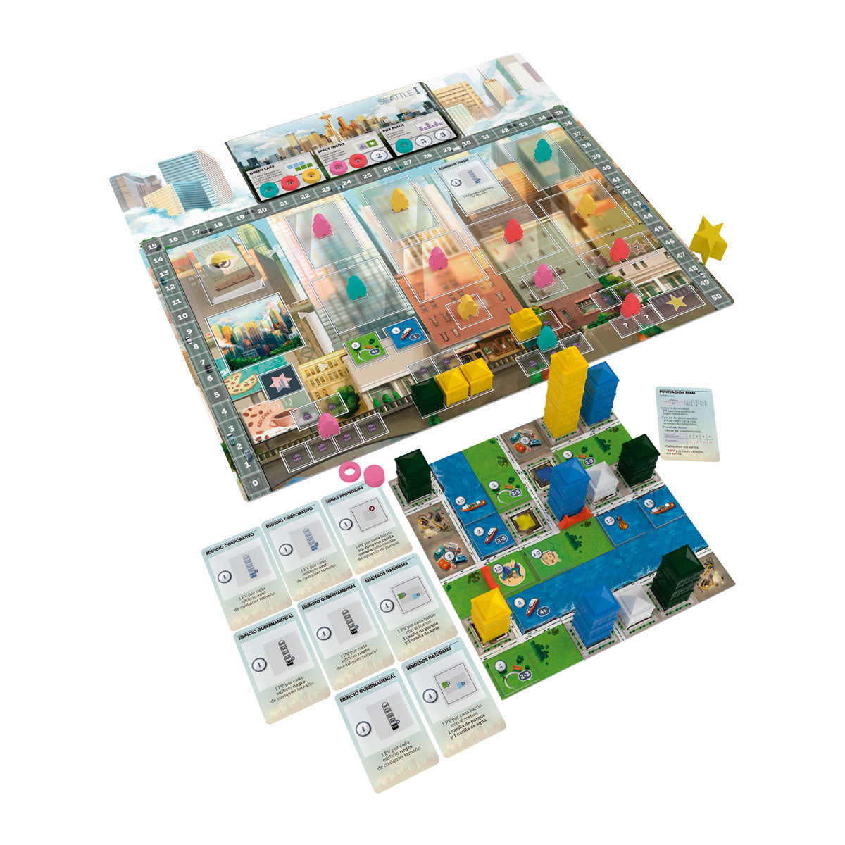 Juego de mesa Cities USA vista superior con tablero urbano, fichas y bloques de construcción