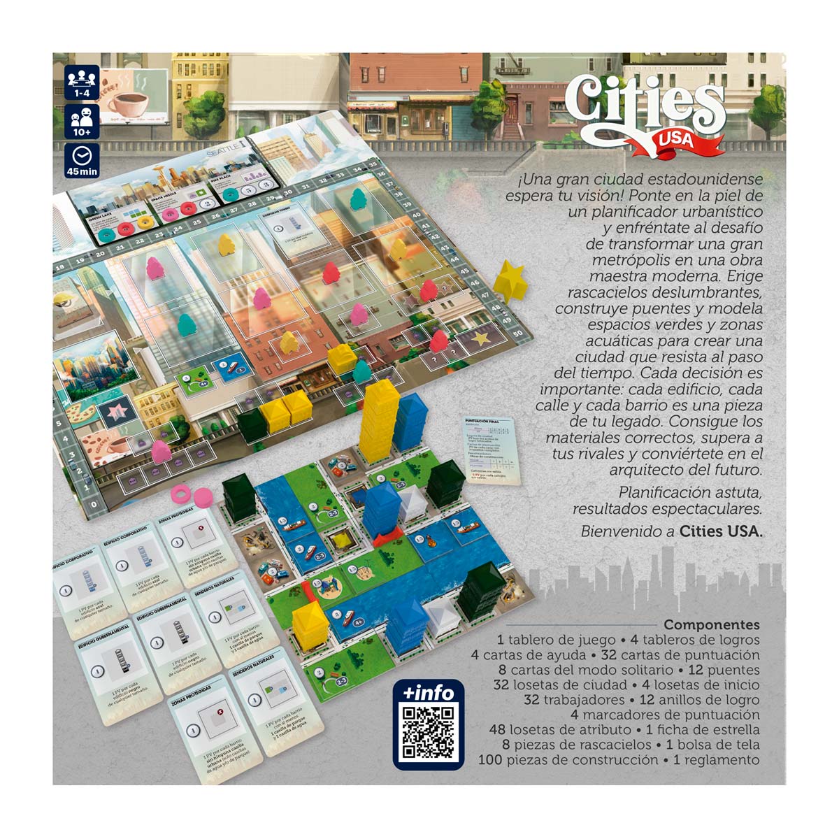 Cities USA juego de estrategia urbana para 1-4 jugadores con componentes incluidos