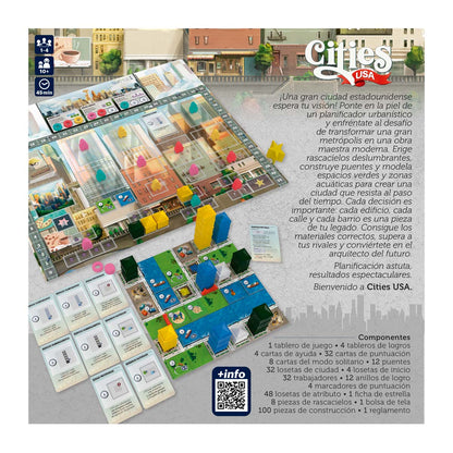 Cities USA juego de estrategia urbana para 1-4 jugadores con componentes incluidos