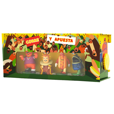Caja del juego de mesa Corre y Apuesta con ilustración colorida y figuras de personajes animados