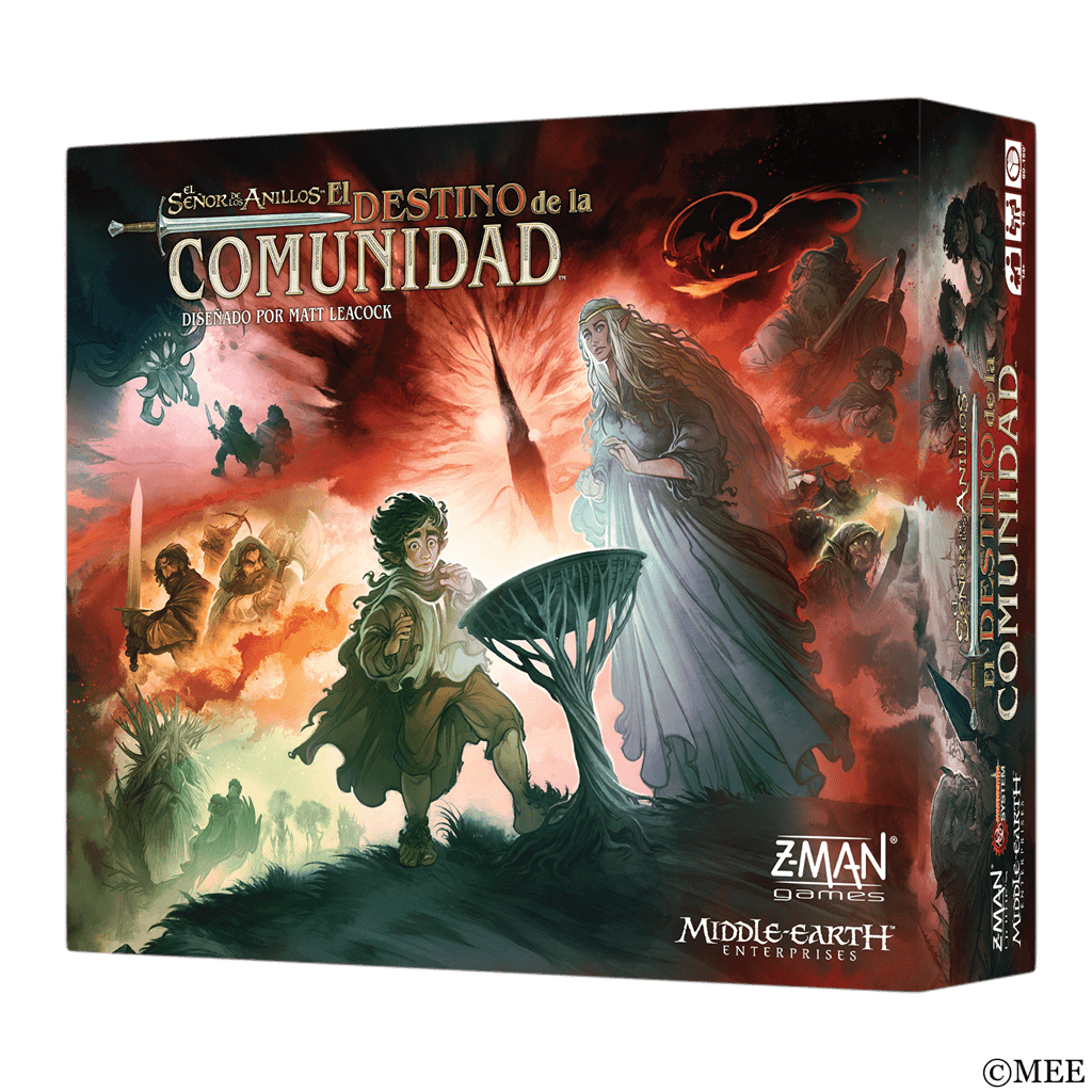 Caja juego de mesa El Destino de la Comunidad con ilustración de personajes y ojo rojo