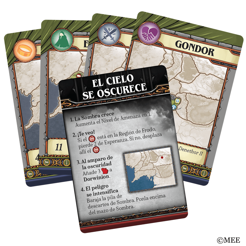 Carta evento El cielo se oscurece juego de mesa Tierra Media con instrucciones y símbolos