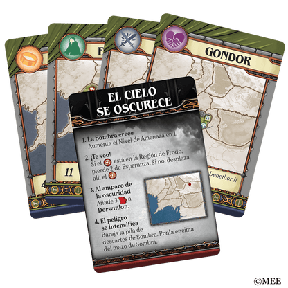 Carta evento El cielo se oscurece juego de mesa Tierra Media con instrucciones y símbolos