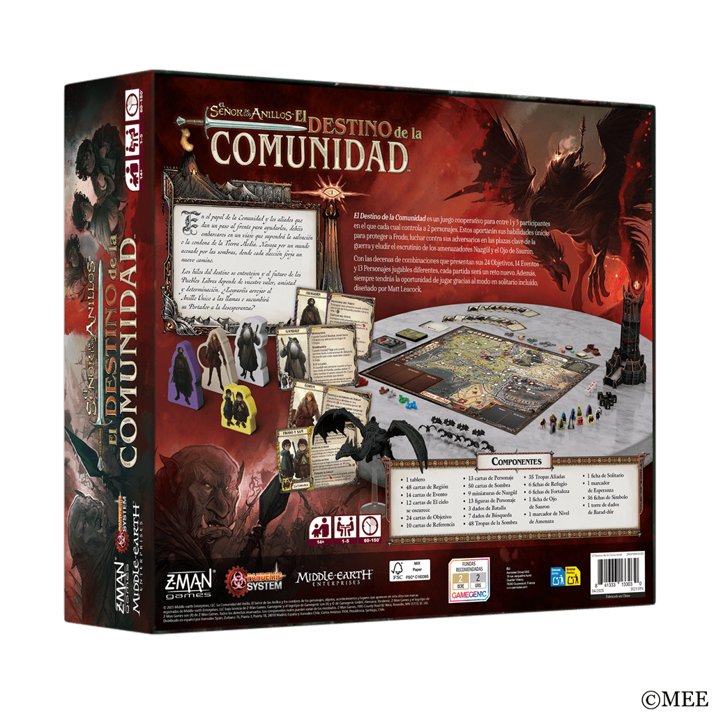 Parte trasera caja juego de mesa El Destino de la Comunidad lista componentes y dragón