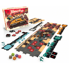Juego de mesa Thunder Road Vendetta con tablero desplegado, miniaturas de coches y accesorios extra