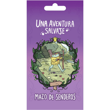 Mazo de cartas Senderos para Una aventura salvaje en estuche violeta con ilustración de personaje anfibio en sendero
