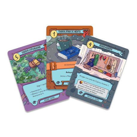Cartas de expansión Senderos para Una aventura salvaje, mostrando ilustraciones coloridas como Cuervo Explorador y