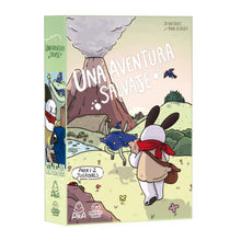 Caja del juego de mesa Una aventura salvaje Maldito Games ilustración conejo volcán