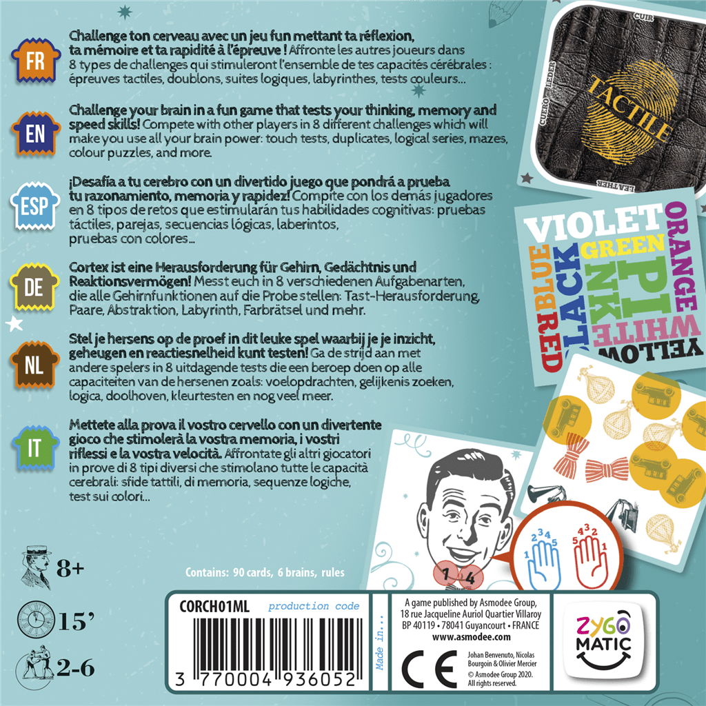 Parte trasera del juego de mesa Cortex Challenge con retos táctiles y multilingües