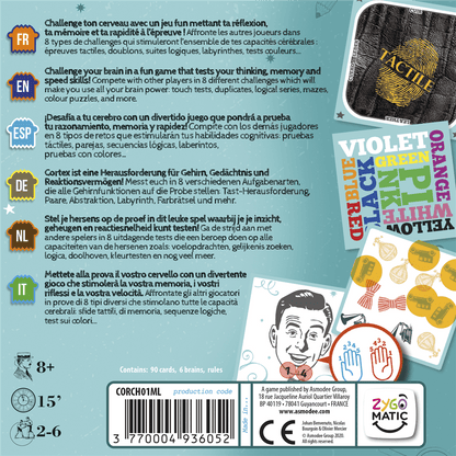 Parte trasera del juego de mesa Cortex Challenge con retos táctiles y multilingües