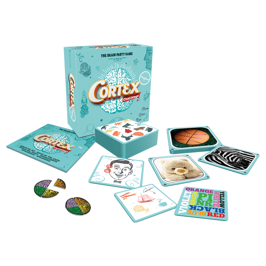 Juego de mesa Cortex Challenge con cartas y piezas puzzle-cerebro coloridas
