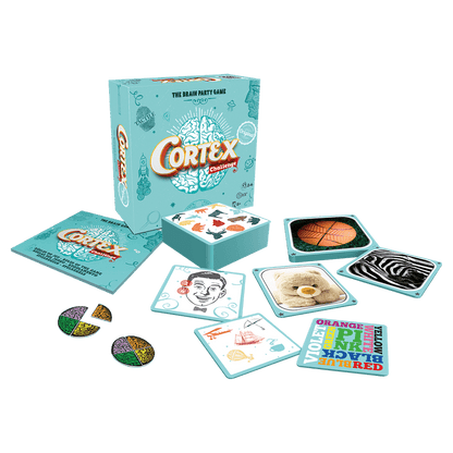 Juego de mesa Cortex Challenge con cartas y piezas puzzle-cerebro coloridas