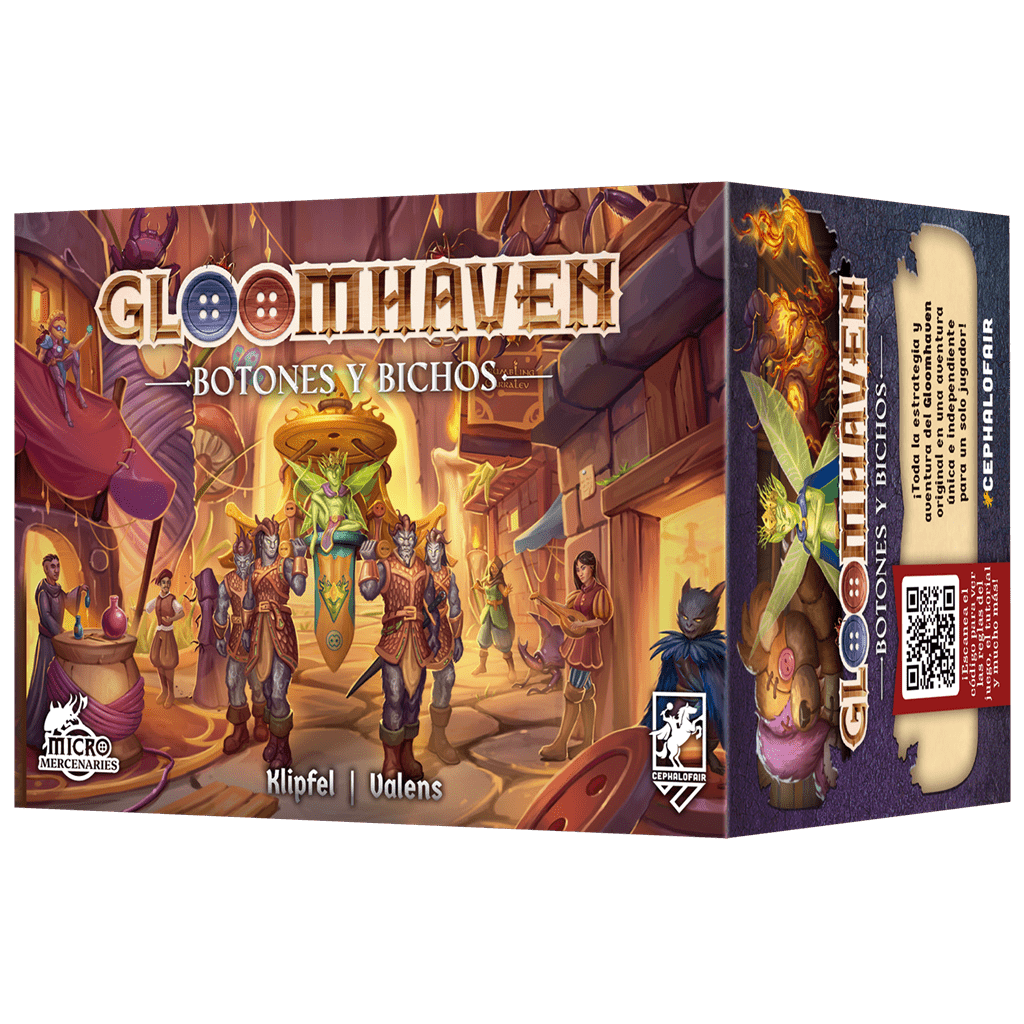 Caja del juego de mesa solitario Gloomhaven: Botones & Bichos con arte de fantasía