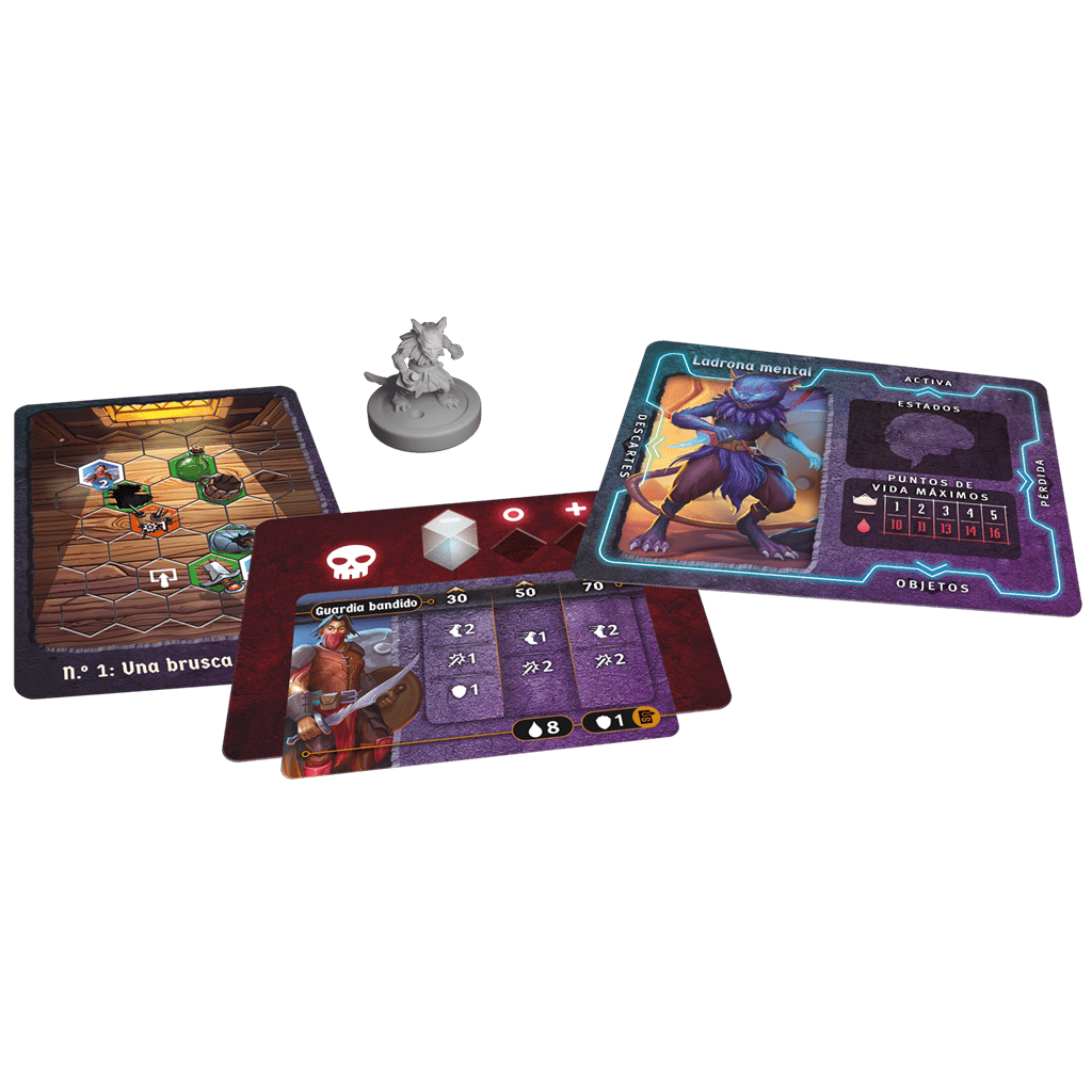 Miniaturas, cartas y mapa hexagonal del juego de mesa Gloomhaven: Botones & Bichos