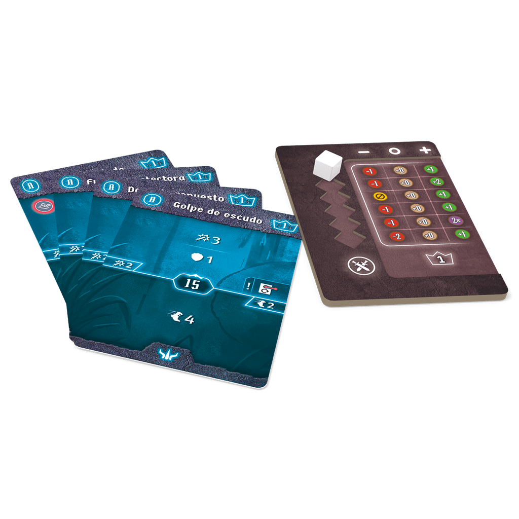 Cartas de habilidad y dados del juego de mesa Gloomhaven: Botones & Bichos
