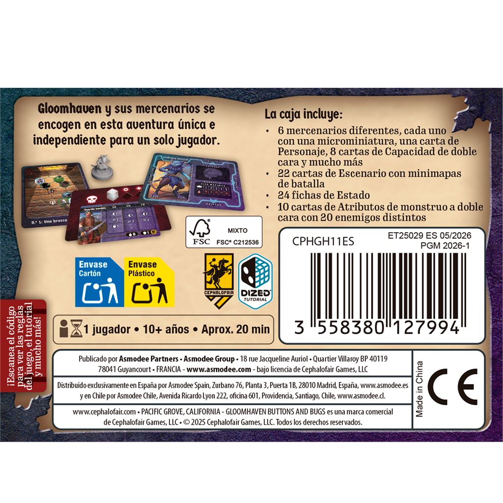 Panel trasero de la caja de Gloomhaven: Botones & Bichos mostrando contenido y reglas