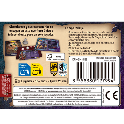 Panel trasero de la caja de Gloomhaven: Botones & Bichos mostrando contenido y reglas