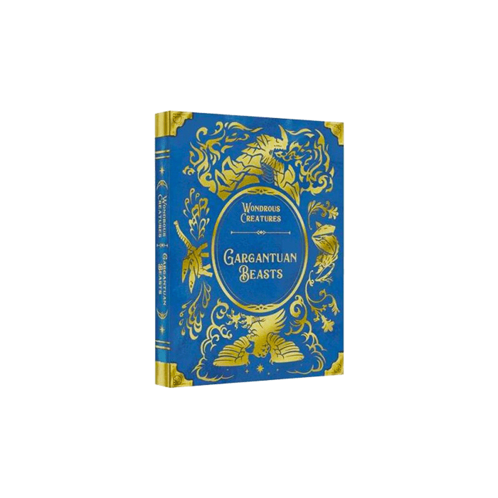 Caja del juego de mesa Gargantuan Beasts con diseño de libro antiguo azul y detalles dorados