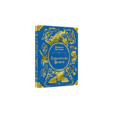 Caja del juego de mesa Gargantuan Beasts con diseño de libro antiguo azul y detalles dorados