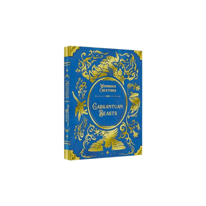 Caja del juego de mesa Gargantuan Beasts con diseño de libro antiguo azul y detalles dorados