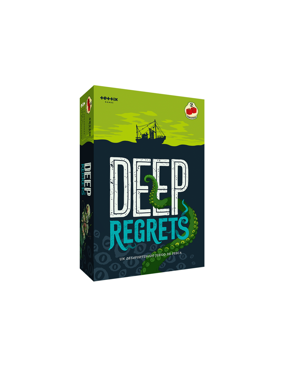 Caja del juego de mesa Deep Regrets con arte de pulpo y barco pesquero