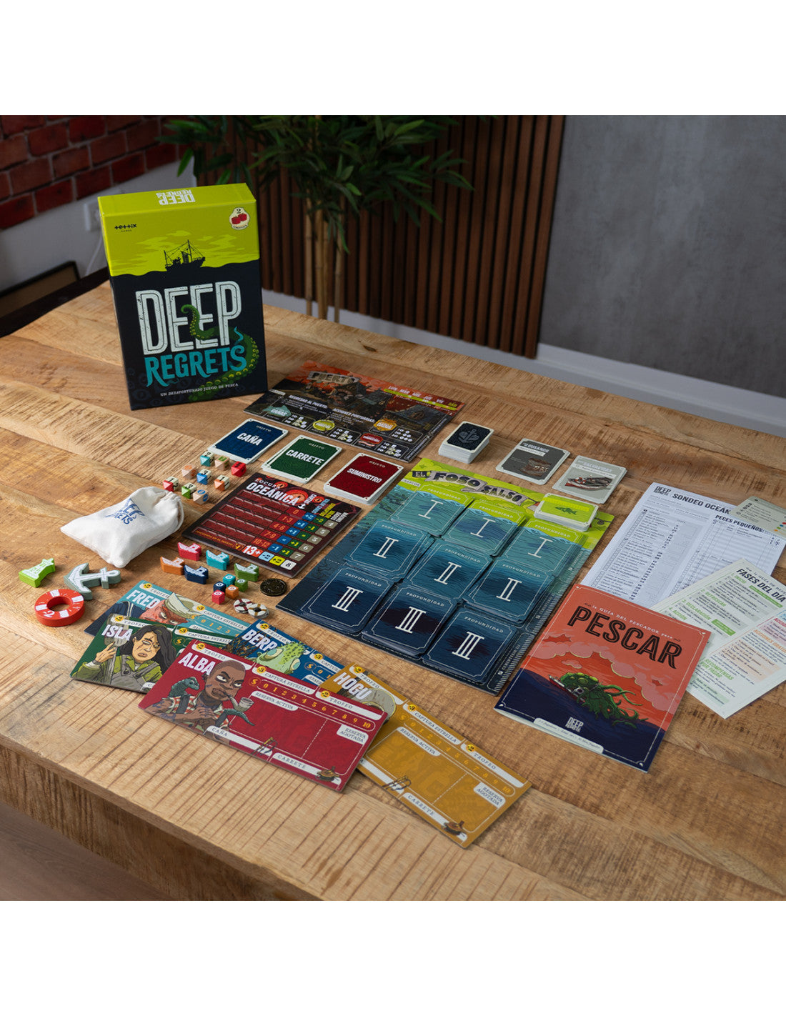 Juego de mesa Deep Regrets desplegado con tablero, cartas y fichas en mesa